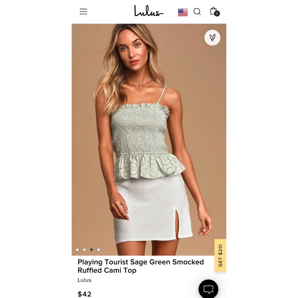 *NWT* Lulus - Playing Tourist Sage Green Smocked Ruffled Cami Top